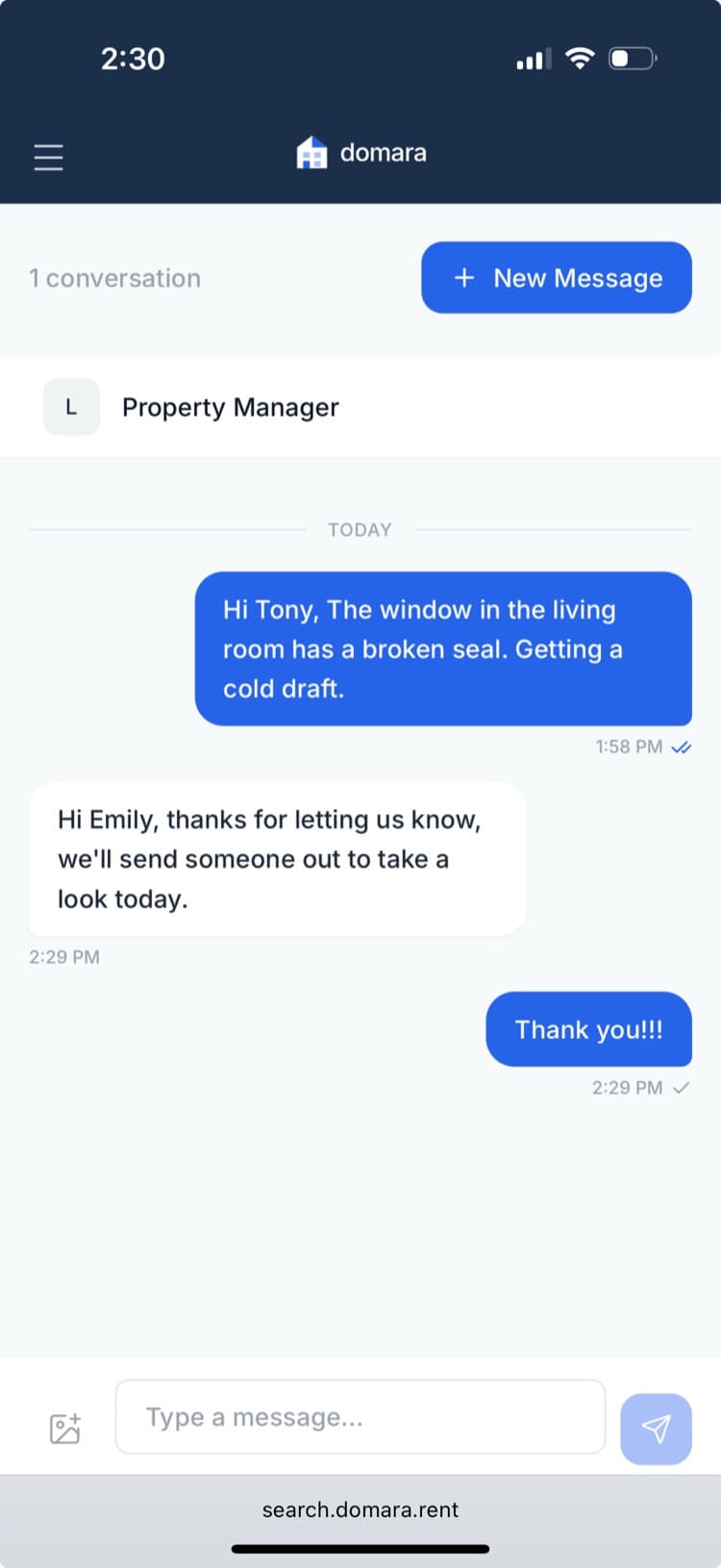 Domara in-app messaging with tenants
