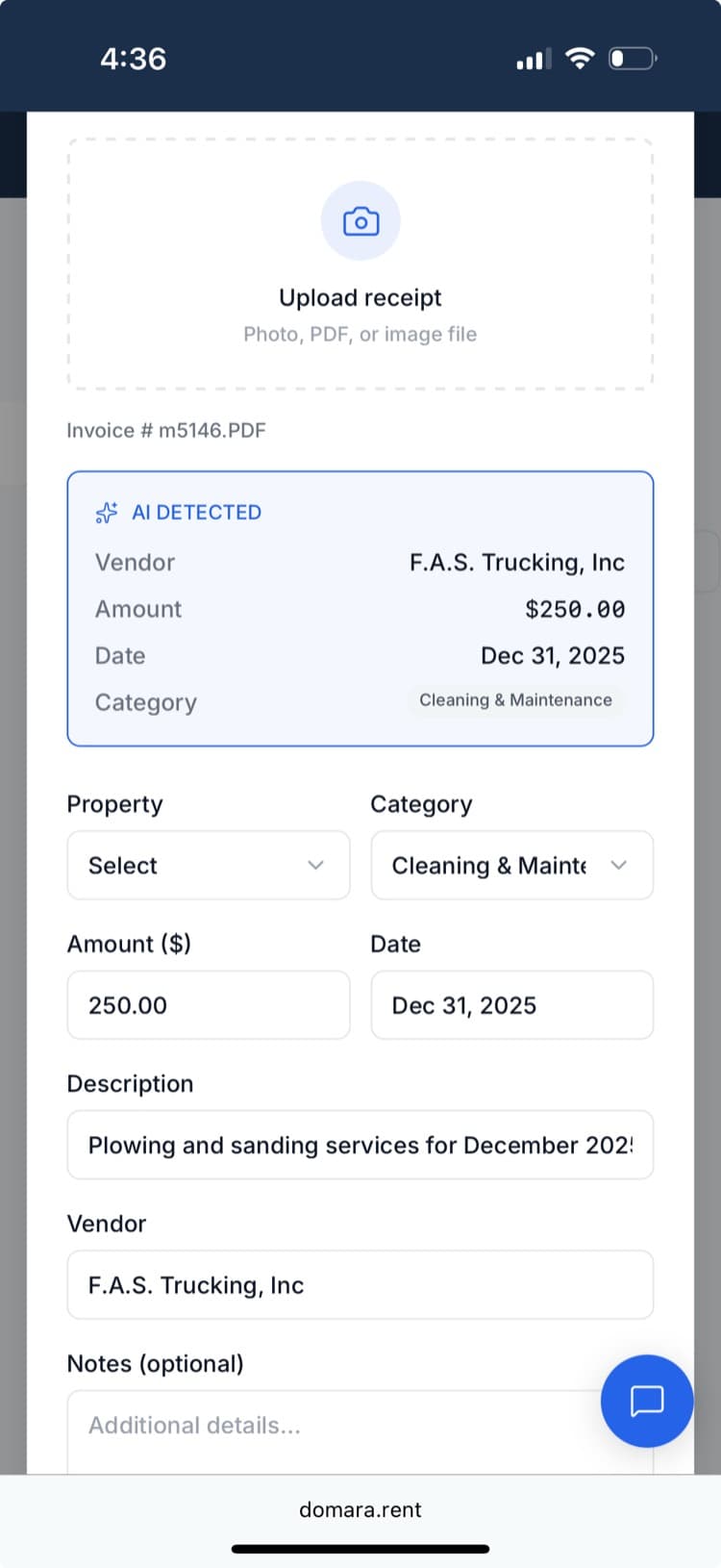 Domara AI receipt scanner extracting expense data