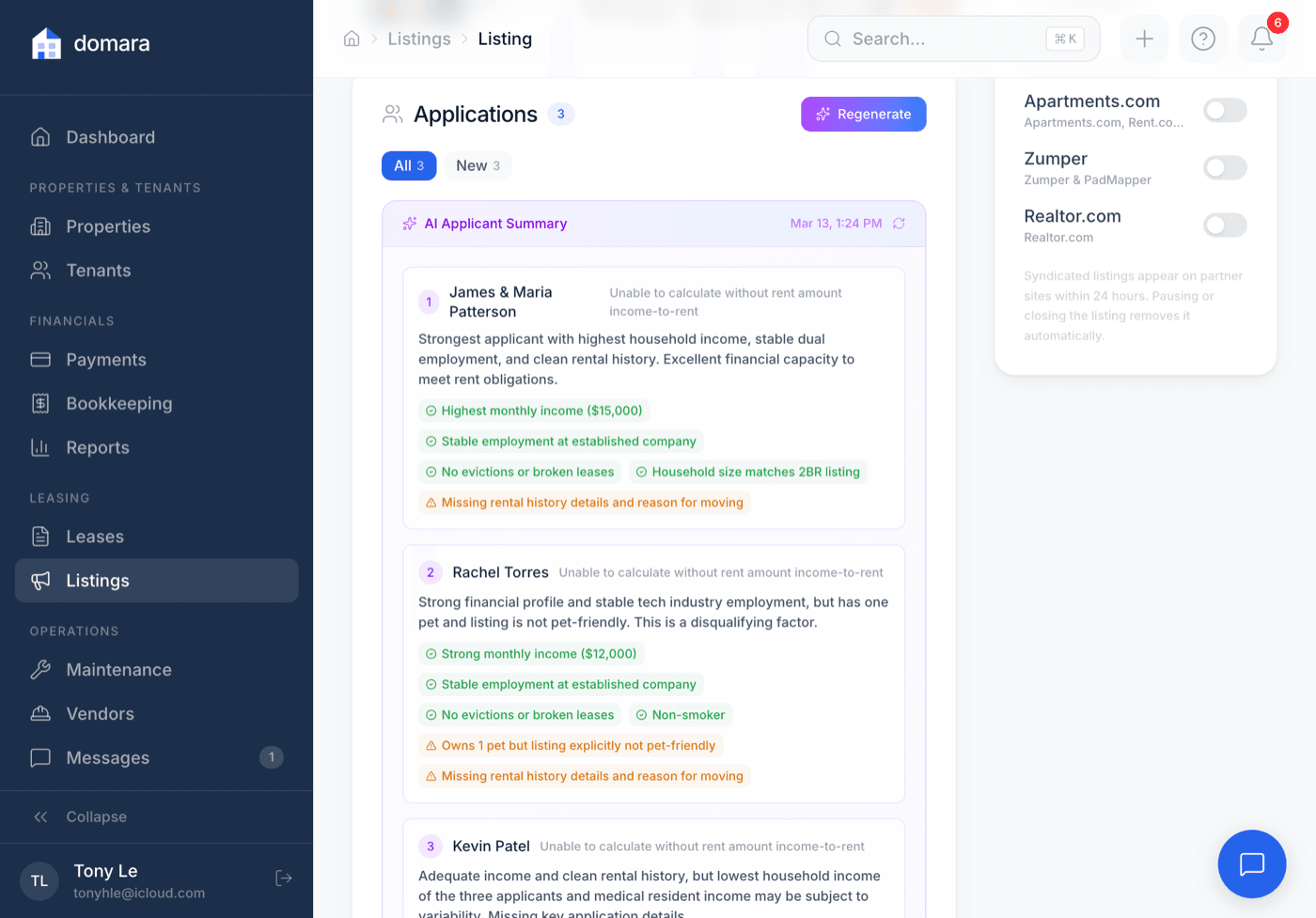 Applicant list with AI ranking